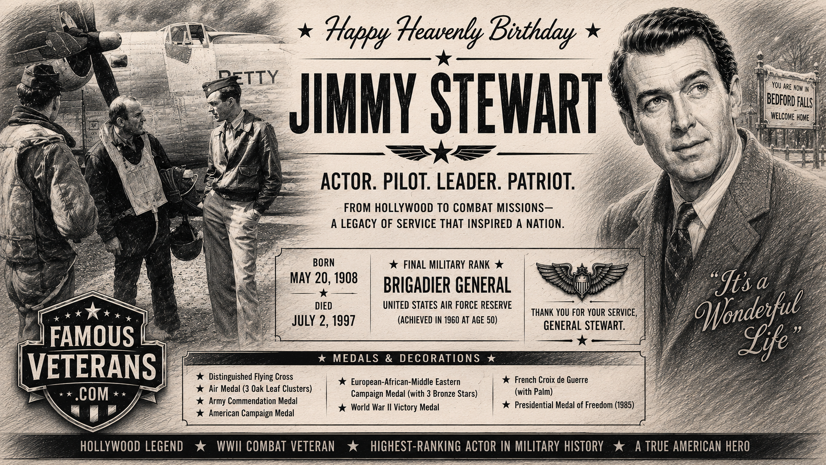 Jimmy Stewart Hollywood Legend, WWII Hero & Air Force General - Happy Heavenly Birthday!